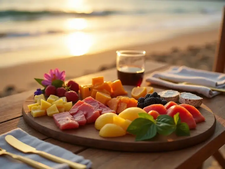 A beach picnic basket and spread at sunset