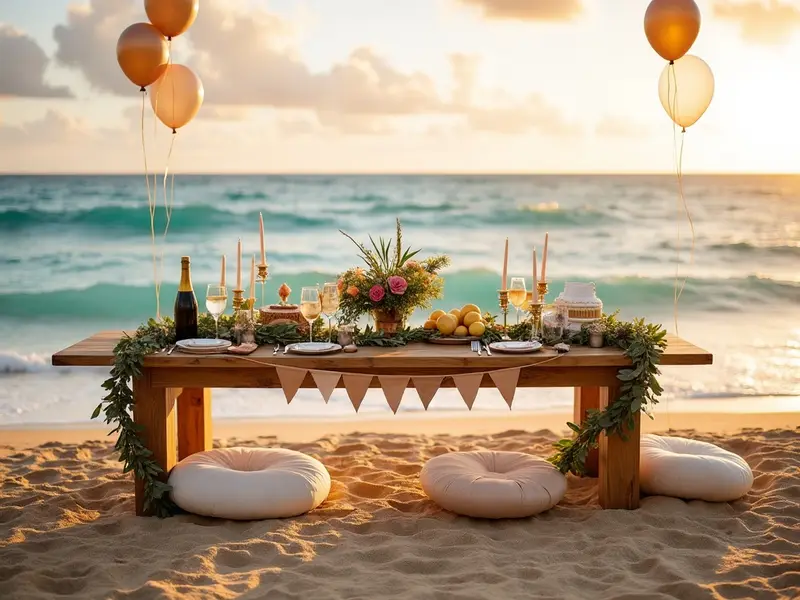 A styled birthday beach picnic with a balloon garland at golden hour