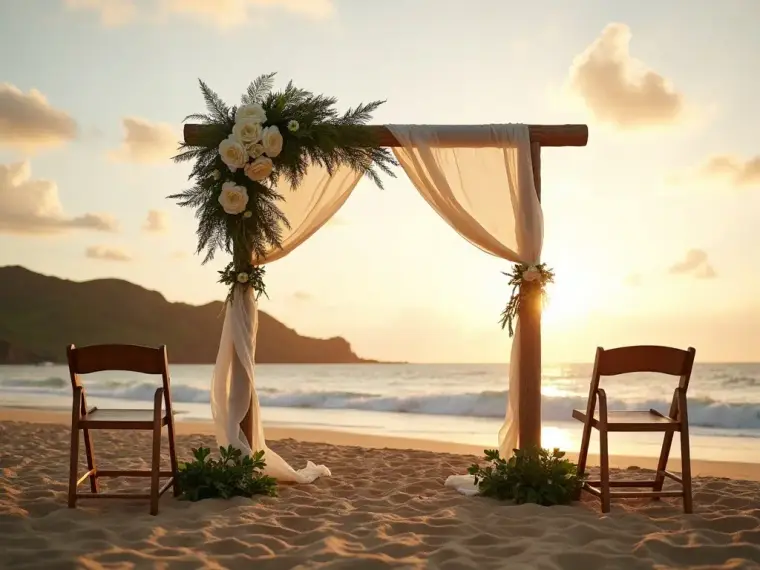A beach elopement arch with florals at sunset