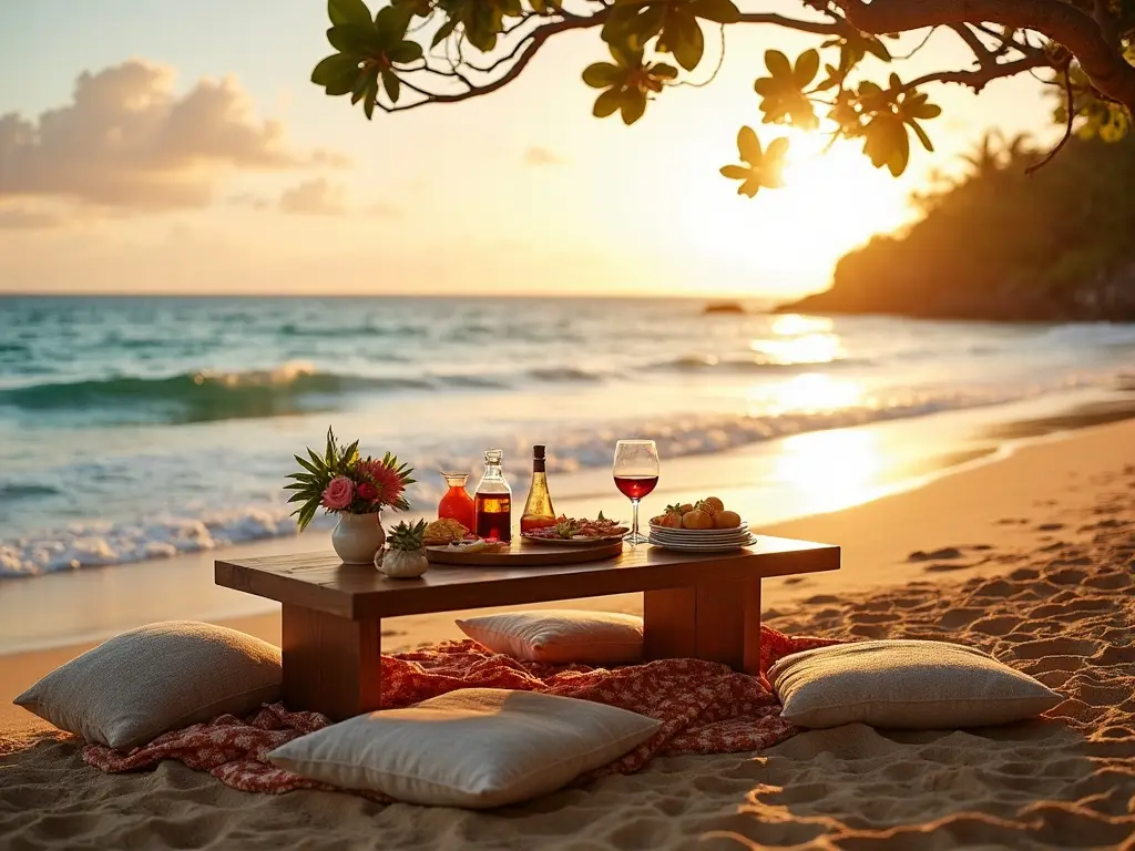 A styled beach picnic by the water at golden hour on Oahu