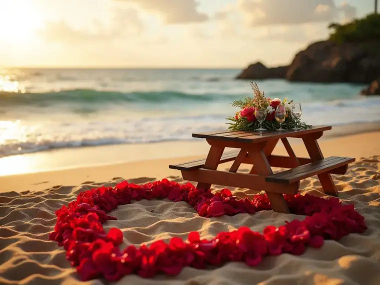 A beach proposal setup with a rose-petal heart at sunset