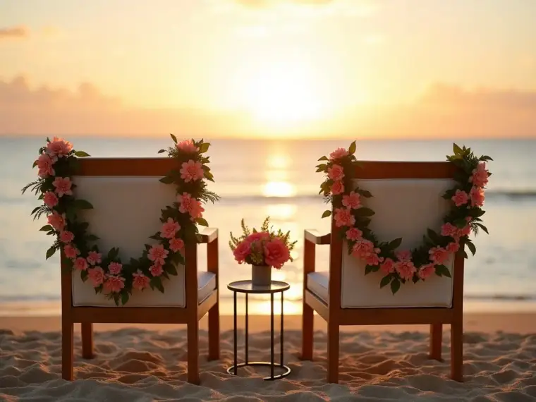 A beach vow-renewal setup with flower leis at sunset