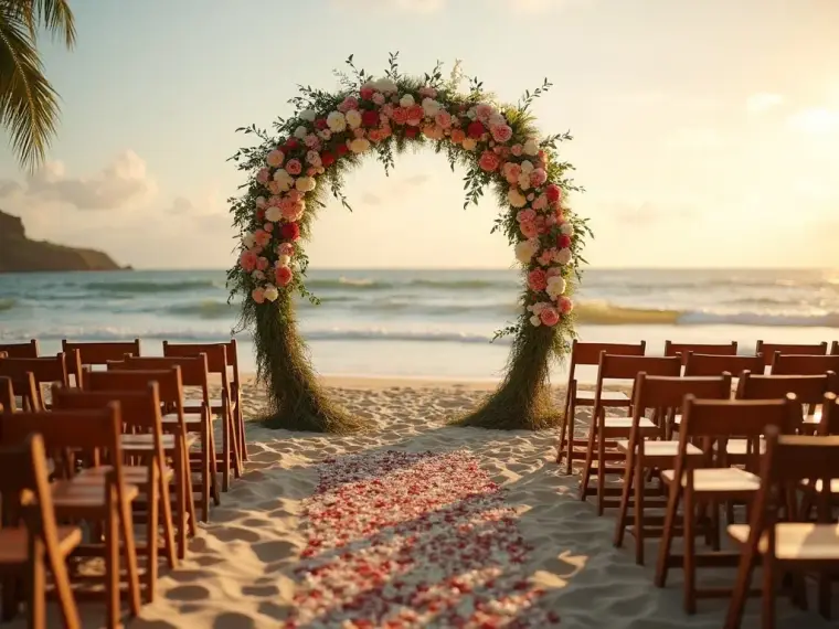 A small beach wedding setup with a floral arch and aisle